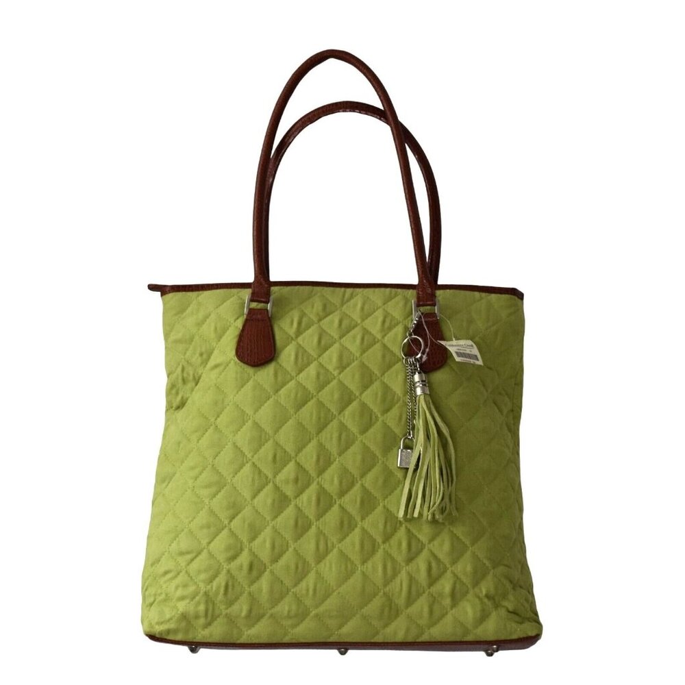 Coldwater Creek Tote Bag Purse Green Quilted Brown Leather Handles